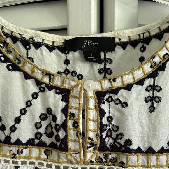 J Crew Embroidered Eyelet Flutter Top Blouse Shirt White Black Gold Small - Picture 4 of 9